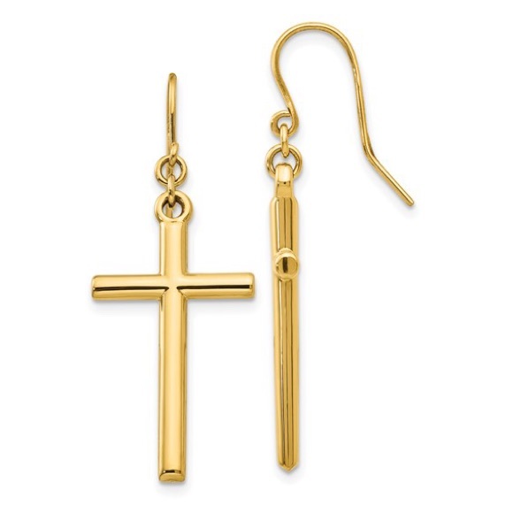 14k Yellow OR White Gold Tubular Cross Shepherd Hook Dangle Drop Earrings - Picture 1 of 8